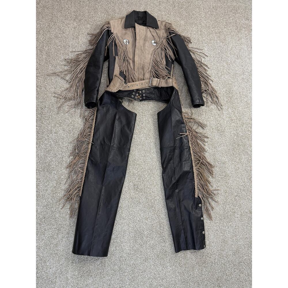 Unik Two-Tone Fringe Leather Jacket and Chaps Set in Black and Taupe